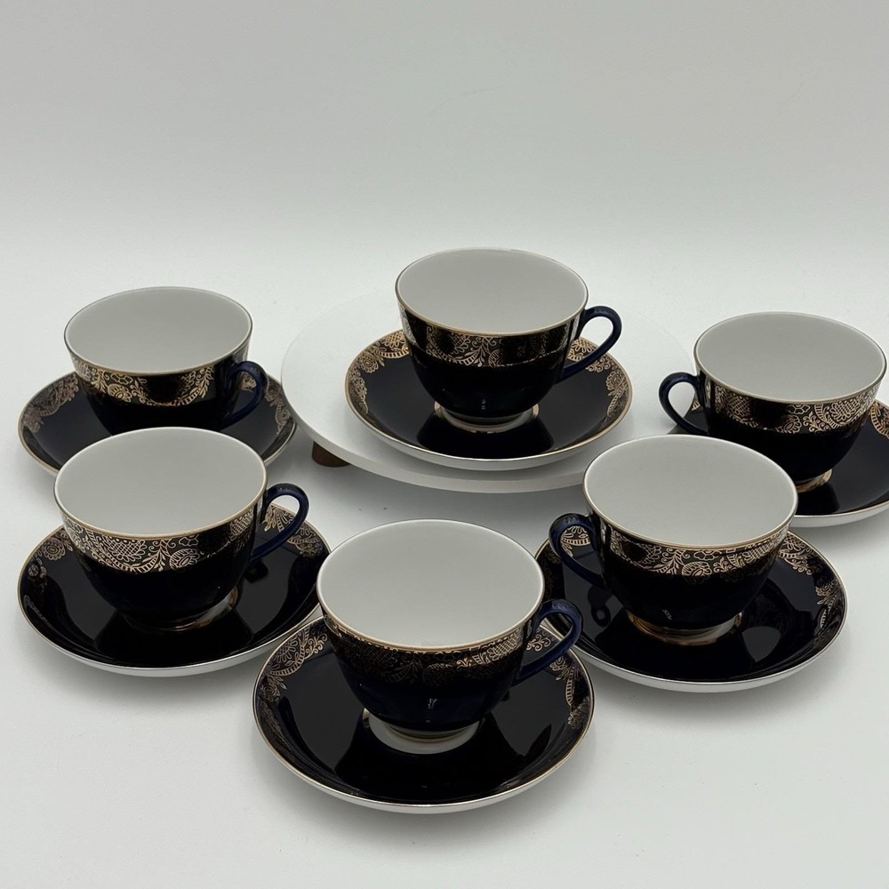 Vintage Russian Cobalt Net Gold Web Lomonosov Tea Cup with Saucer Set of 6 - Picture 4 of 13